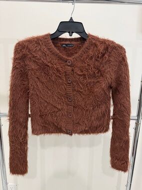 Zara Brown Fuzzy Button-Front Crop Jacket